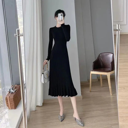 LVSANW Zoki Apricot Knitted Ruffles Dress Women Korean Autumn Elegant Slim Long Sleeve Midi Dress Solid Streetwear Casual A Line Dress