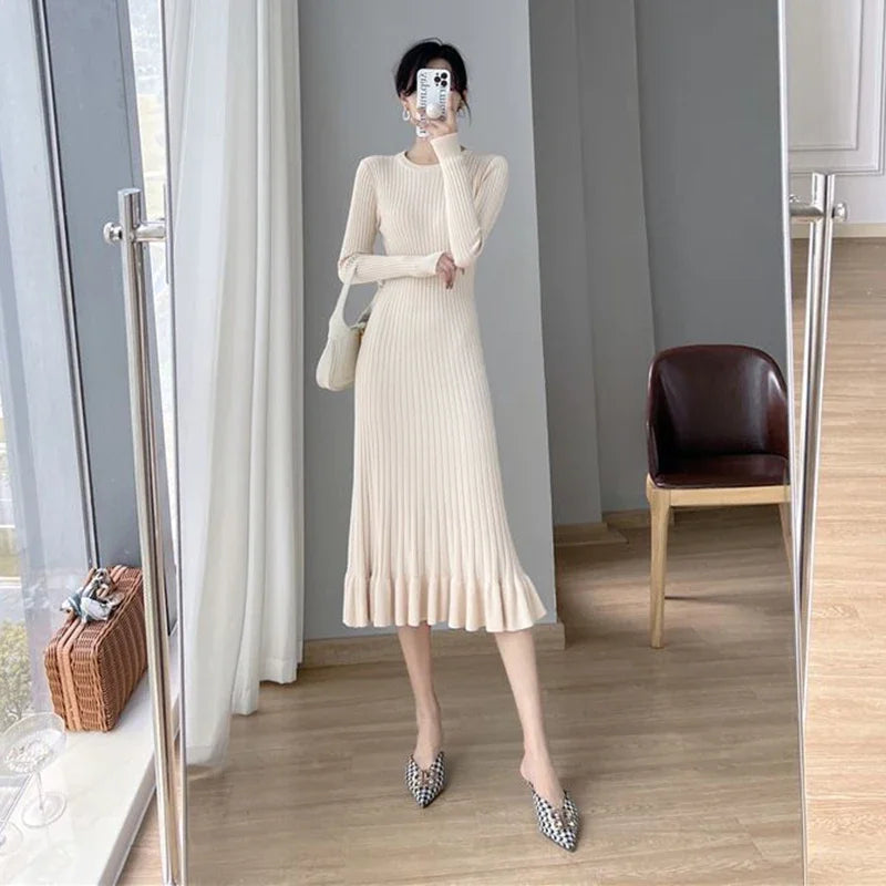 LVSANW Zoki Apricot Knitted Ruffles Dress Women Korean Autumn Elegant Slim Long Sleeve Midi Dress Solid Streetwear Casual A Line Dress