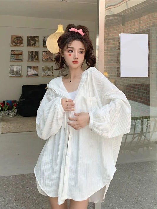 LVSANW Zoki Lazy Wind Oversize Sun-Proof Shirt Women Casual Korean Hoodies Tops Long Sleeve Loose Preppy Style Summer Blouse Coats New