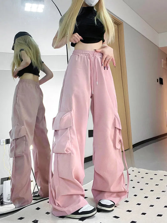 LVSANW Zoki Pink Streetwear Cargo Pants Women Loose Harajuku Y2K Straight Trousers American Retro Hip Hop Casual Bf Wide Leg Pants New