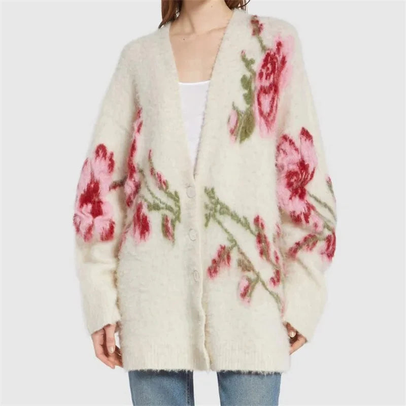 LVSANW cardigan women New Spring 2025 Flower Embroidered V-neck Long Sleeve Top High quality wool blend Women's sweater y2k Knitwear