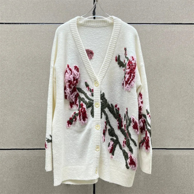 LVSANW cardigan women New Spring 2025 Flower Embroidered V-neck Long Sleeve Top High quality wool blend Women's sweater y2k Knitwear