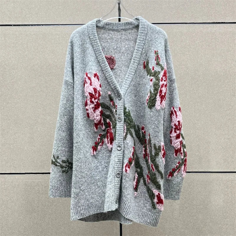 LVSANW cardigan women New Spring 2025 Flower Embroidered V-neck Long Sleeve Top High quality wool blend Women's sweater y2k Knitwear