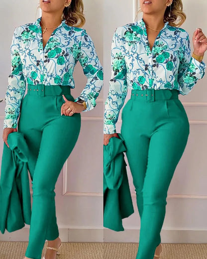 LVSANW elegant print shirt and pants two piece sets women 2024 spring autumn fashion long sleeve shirts high waist pant casual suits