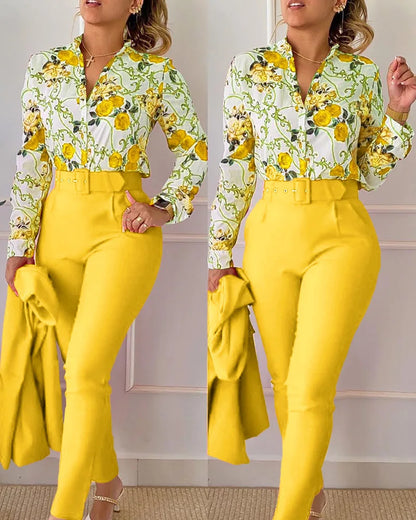 LVSANW elegant print shirt and pants two piece sets women 2024 spring autumn fashion long sleeve shirts high waist pant casual suits