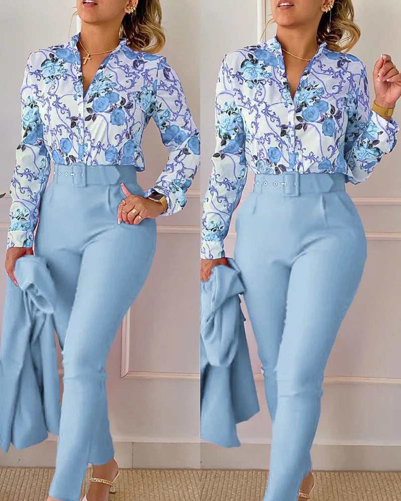 LVSANW elegant print shirt and pants two piece sets women 2024 spring autumn fashion long sleeve shirts high waist pant casual suits