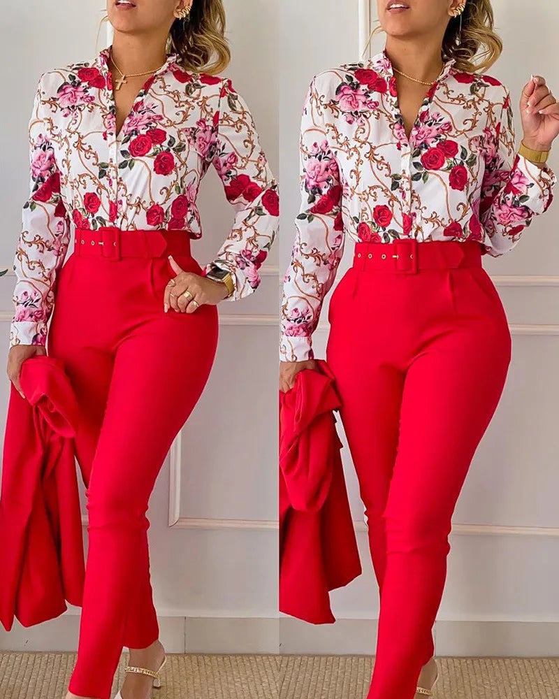 LVSANW elegant print shirt and pants two piece sets women 2024 spring autumn fashion long sleeve shirts high waist pant casual suits