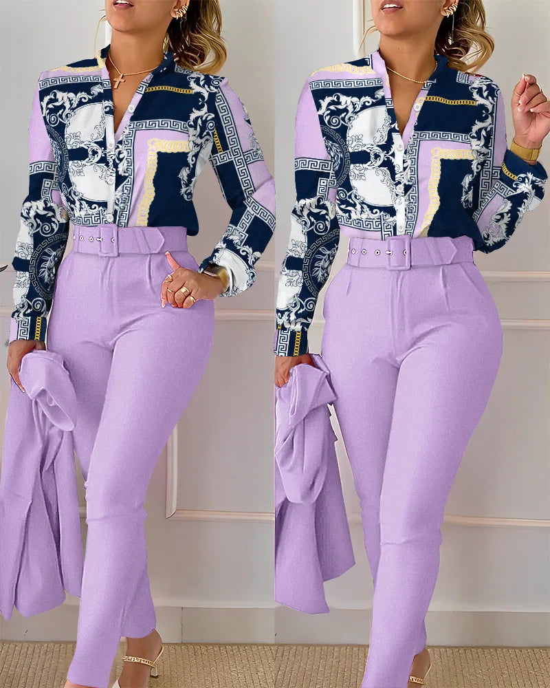 LVSANW elegant print shirt and pants two piece sets women 2024 spring autumn fashion long sleeve shirts high waist pant casual suits