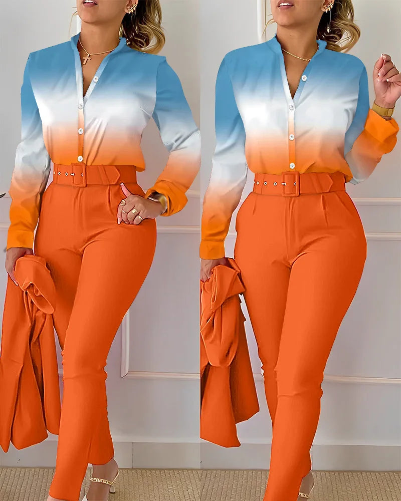 LVSANW elegant print shirt and pants two piece sets women 2024 spring autumn fashion long sleeve shirts high waist pant casual suits