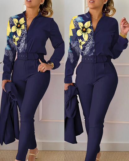 LVSANW elegant print shirt and pants two piece sets women 2024 spring autumn fashion long sleeve shirts high waist pant casual suits