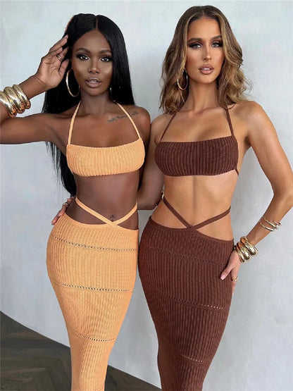 LVSANW hirigin Women Knitted 2 Pieces Summer Clothing Set Sexy Tie-up Halter Crop Tops and Cross Wrapped Long Skirts Beach Clubwear