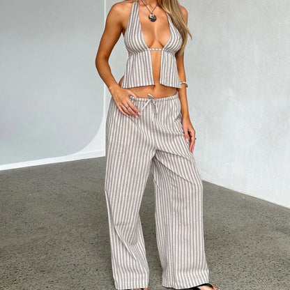 LVSANW hirigin Women Summer Pants Outfits Stripe Tie-Up Halter Neck Backless Sleeveless Tank Tops Wide-Leg Pants 2 Pieces Clothes Set