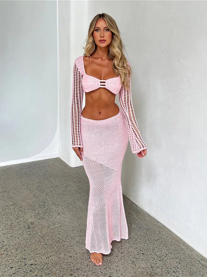 LVSANW hirigin Women's Crochet Knit 2 Piece Skirt Set Hollow Out Crop Top Long Sleeve Backless Tie Up Club Bodycon Dress Outfits