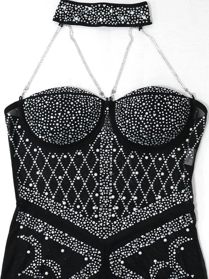 LVSANW iDress Sheer Mesh Rhinestone Bodysuit Shorts Jumpsuit Birthday Outfit Sparkly Sexy Club Body Romper One Piece Party Overalls