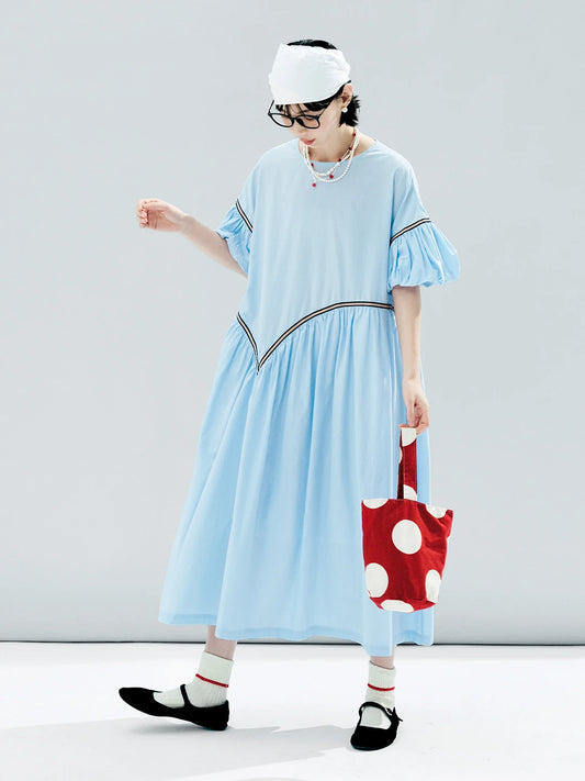 LVSANW imakokoni 2024 summer original design tencel cotton blue small grid puff sleeve dress 244613