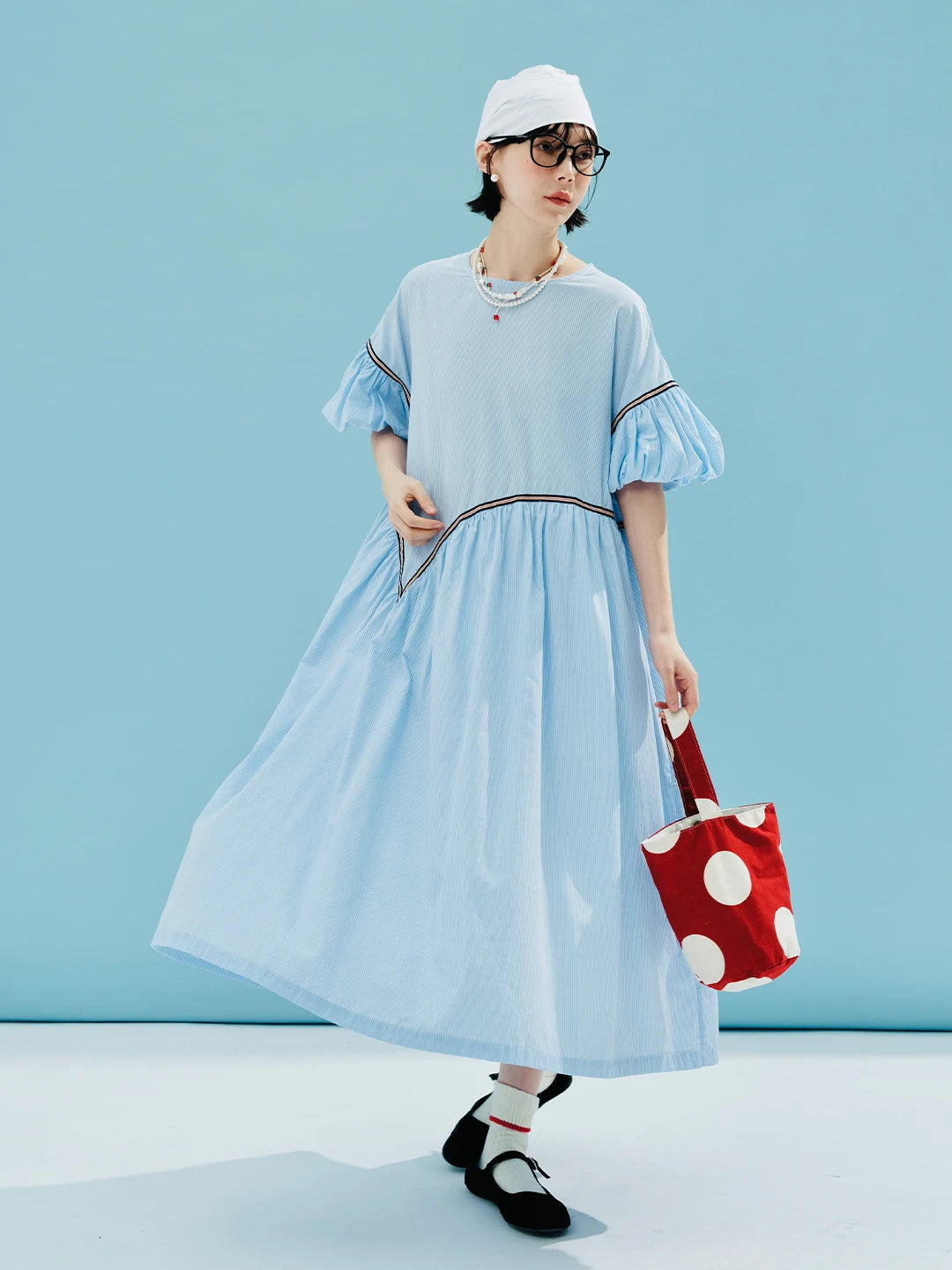 LVSANW imakokoni 2024 summer original design tencel cotton blue small grid puff sleeve dress 244613