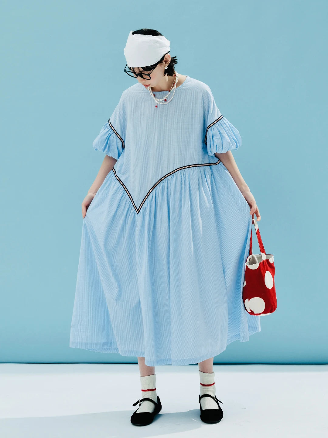 LVSANW imakokoni 2024 summer original design tencel cotton blue small grid puff sleeve dress 244613