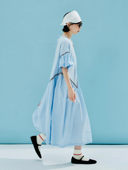 LVSANW imakokoni 2024 summer original design tencel cotton blue small grid puff sleeve dress 244613