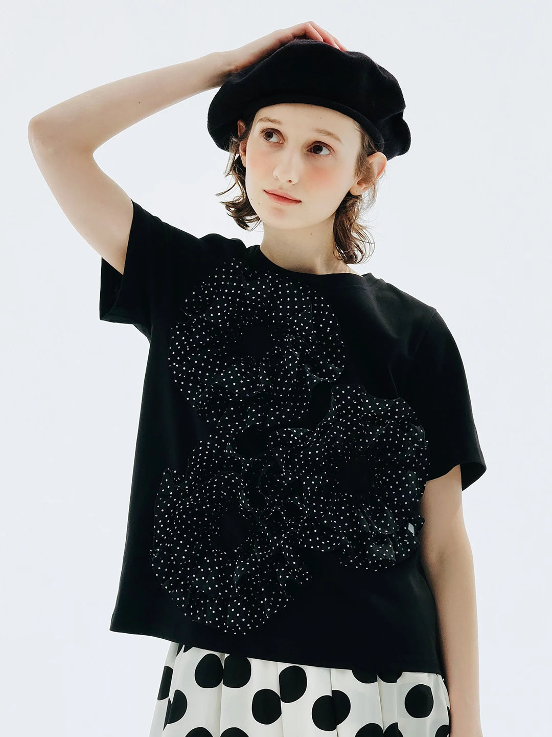 LVSANW imakokoni original design black short-sleeved lace stitching polka dot T-shirt summer 234175