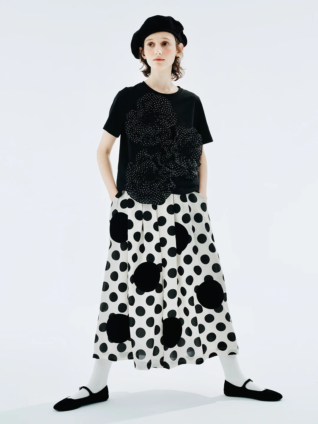 LVSANW imakokoni original design black short-sleeved lace stitching polka dot T-shirt summer 234175