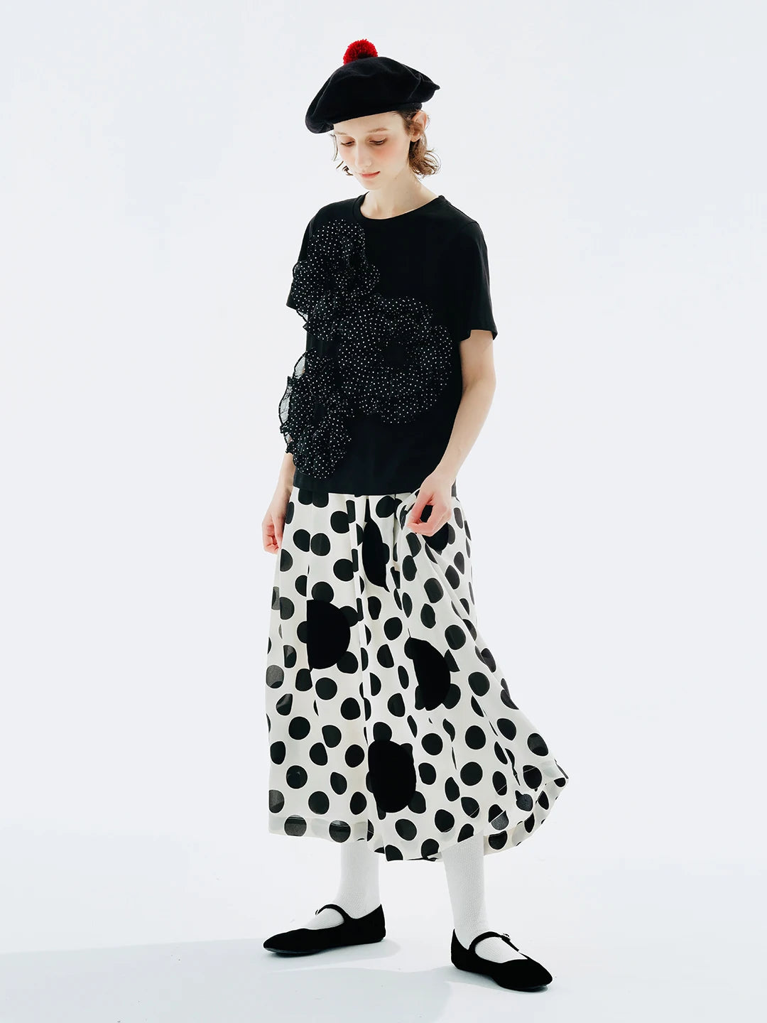 LVSANW imakokoni original design black short-sleeved lace stitching polka dot T-shirt summer 234175