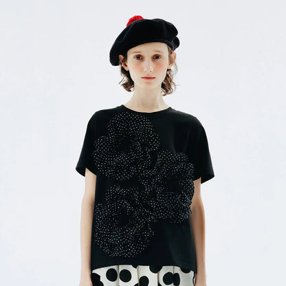 LVSANW imakokoni original design black short-sleeved lace stitching polka dot T-shirt summer 234175