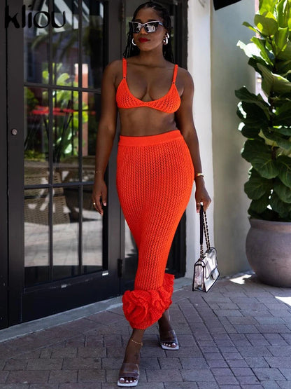 LVSANW kliou Summer Women Knitted Two Piece Set Solid Sheer Sexy Cleavage Camisole+High Waist Stacked Slim Hip Skirts Female Attirewear