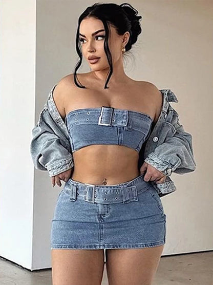 LVSANW kliou Summer Women Two Piece Set Young Casual Denim Wrapped Chest+Mini Hip Skirt Matching Outfit Student Girl Street Attire Hot