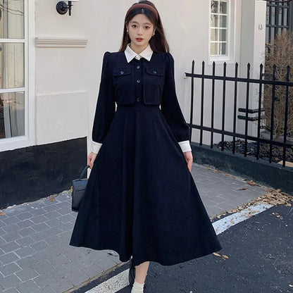 LVSANW korean fake two pieces thicken casual slim Ladies black dresses autumn Long Sleeve corduroy maxi Dress Women vestidos de mujer