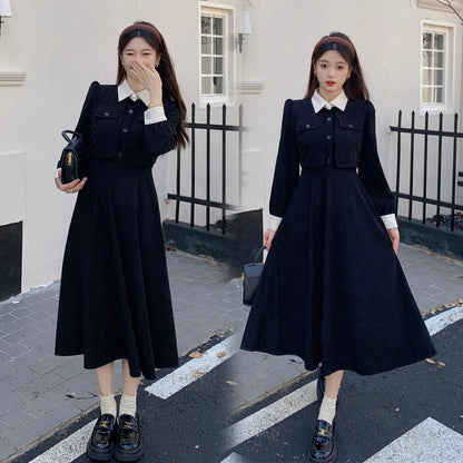 LVSANW korean fake two pieces thicken casual slim Ladies black dresses autumn Long Sleeve corduroy maxi Dress Women vestidos de mujer