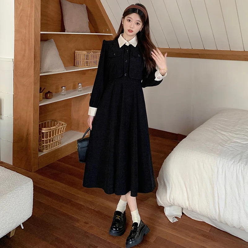 LVSANW korean fake two pieces thicken casual slim Ladies black dresses autumn Long Sleeve corduroy maxi Dress Women vestidos de mujer