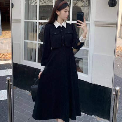 LVSANW korean fake two pieces thicken casual slim Ladies black dresses autumn Long Sleeve corduroy maxi Dress Women vestidos de mujer