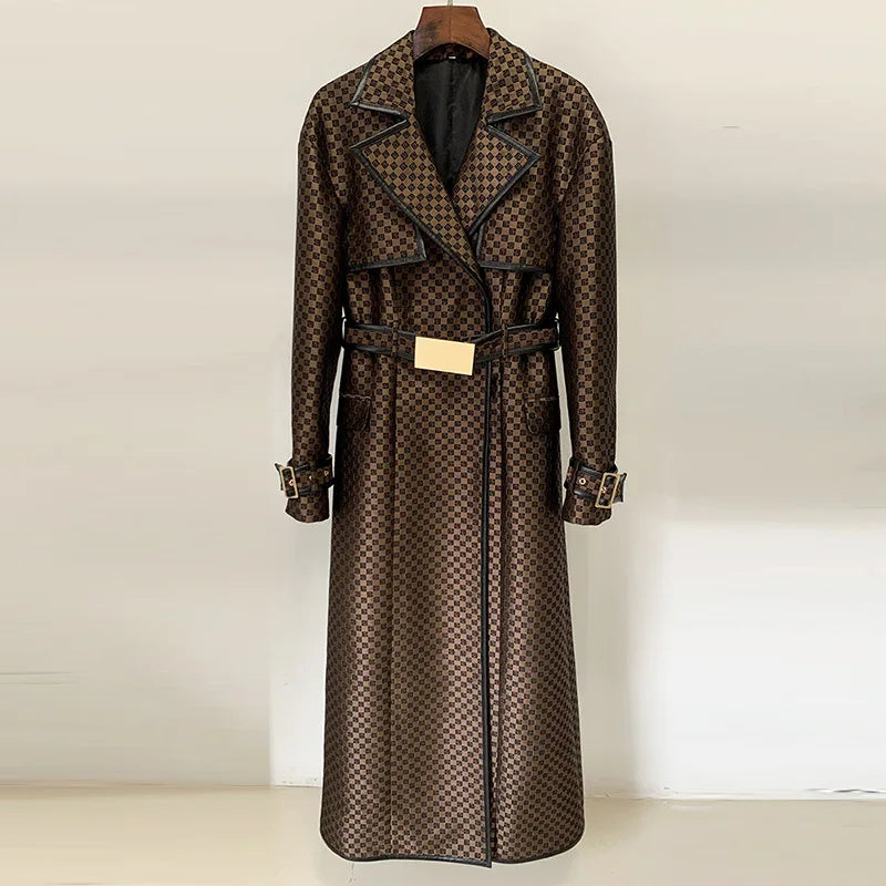 LVSANW winter New 2025 celebrity fashion belted jacquard maze pattern embroidery luxury long trench coat jacket high quality