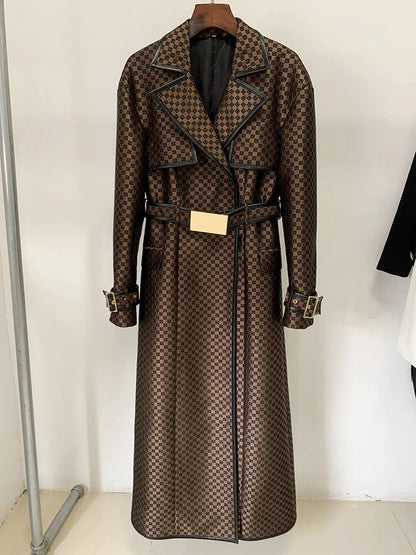 LVSANW winter New 2025 celebrity fashion belted jacquard maze pattern embroidery luxury long trench coat jacket high quality