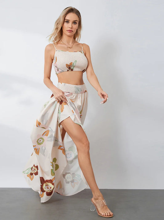 LVSANW wsevypo Floral Print 2 Piece Top Skirt Set Summer Bohemian Backless Slip Cami Tops and Flowy Pleated Long Skirt Beachwear Outfit