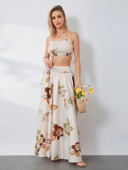 LVSANW wsevypo Floral Print 2 Piece Top Skirt Set Summer Bohemian Backless Slip Cami Tops and Flowy Pleated Long Skirt Beachwear Outfit