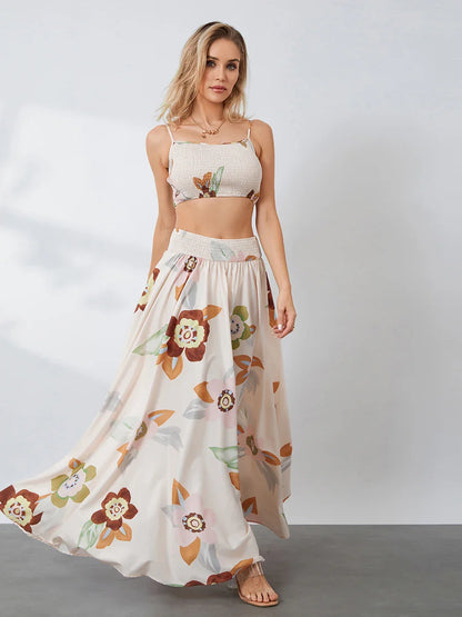 LVSANW wsevypo Floral Print 2 Piece Top Skirt Set Summer Bohemian Backless Slip Cami Tops and Flowy Pleated Long Skirt Beachwear Outfit