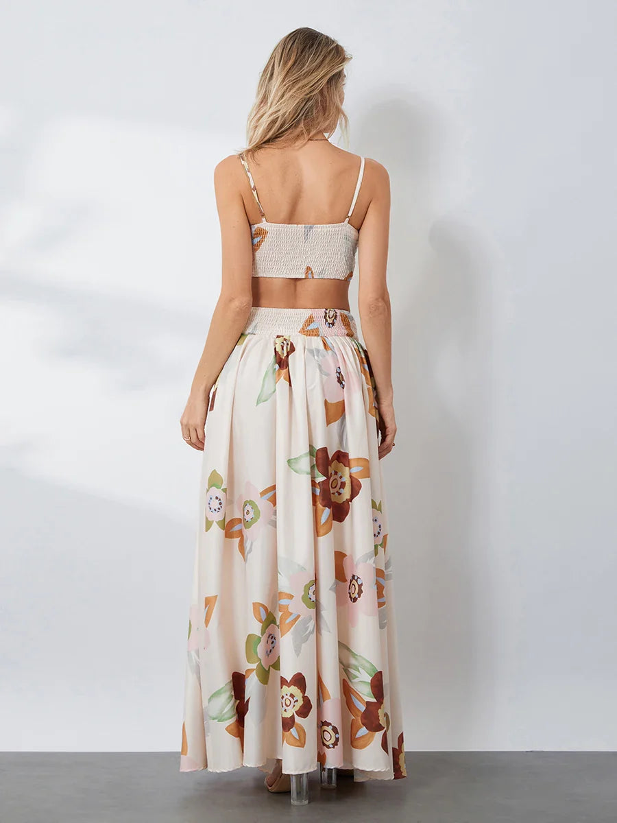 LVSANW wsevypo Floral Print 2 Piece Top Skirt Set Summer Bohemian Backless Slip Cami Tops and Flowy Pleated Long Skirt Beachwear Outfit