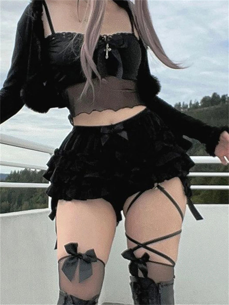 LVSANW wsevypo Gothic Black Bloomer Shorts Women's Summer Elastic Waist Ruffle Layered Shorts Harajuku Streetwear High Waist Bottoms