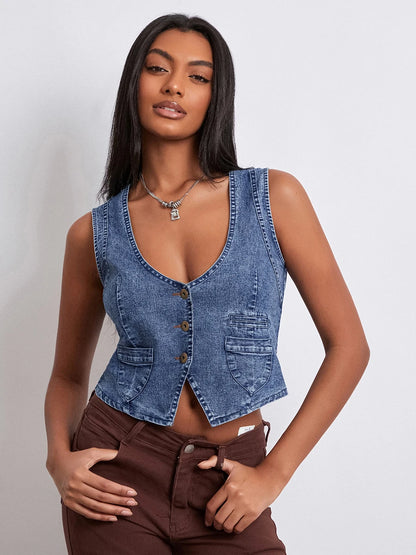 LVSANW wsevypo Retro Sleeveless Jeans Vests 2024 New Fashion Women's V Neck Button down Denim Tank Tops Streetwear Grunge Cropped Tanks