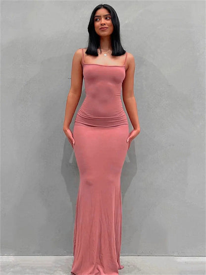 LVSANW wsevypo Spaghetti Strap Bodycon Long Dress Summer 2024 Women Sleeveless Wrapped Fish Tail Dress Solid Color Club Streetwear